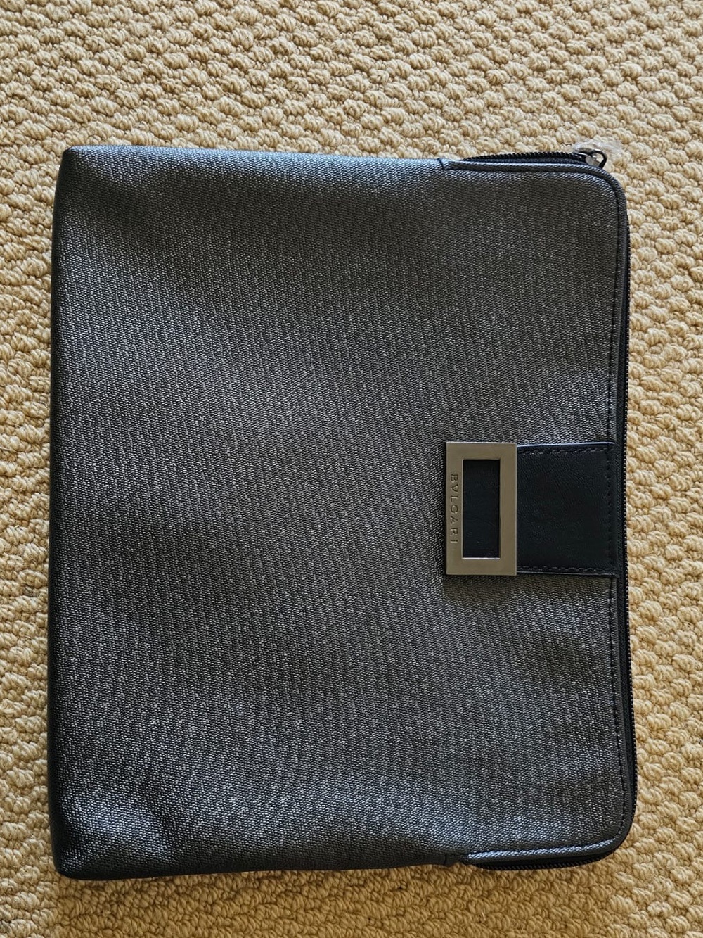 Bulgari Black Pebbled Leather Zip Portfolio